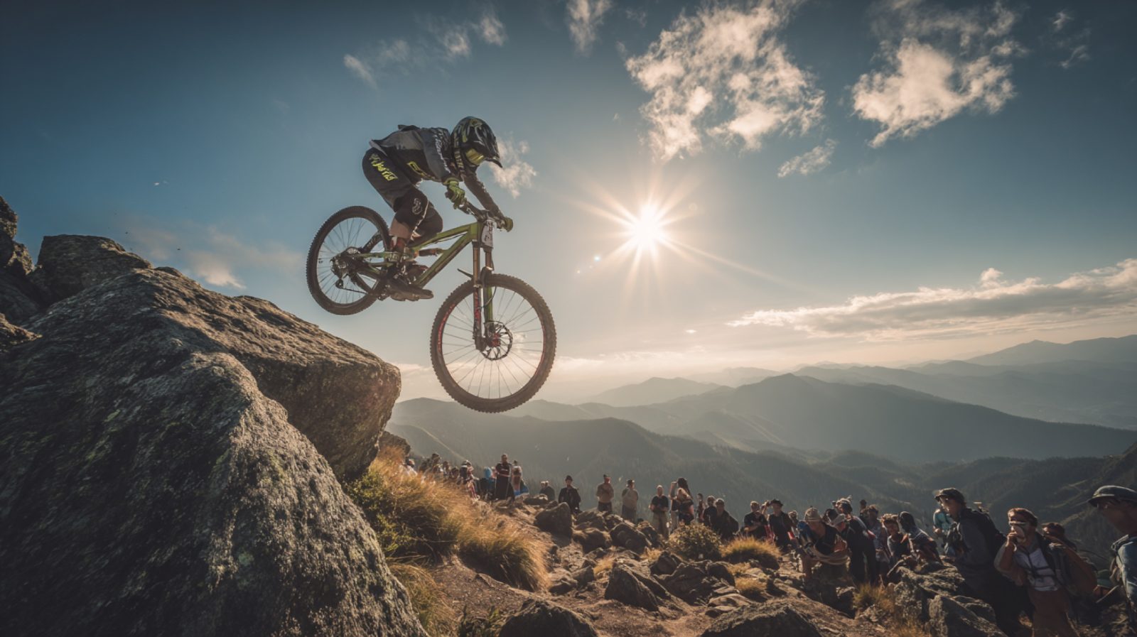 Mountain biker mid-jump against the sun