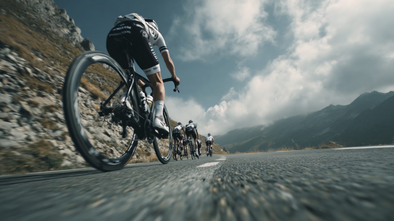 Road cyclists racing downhill