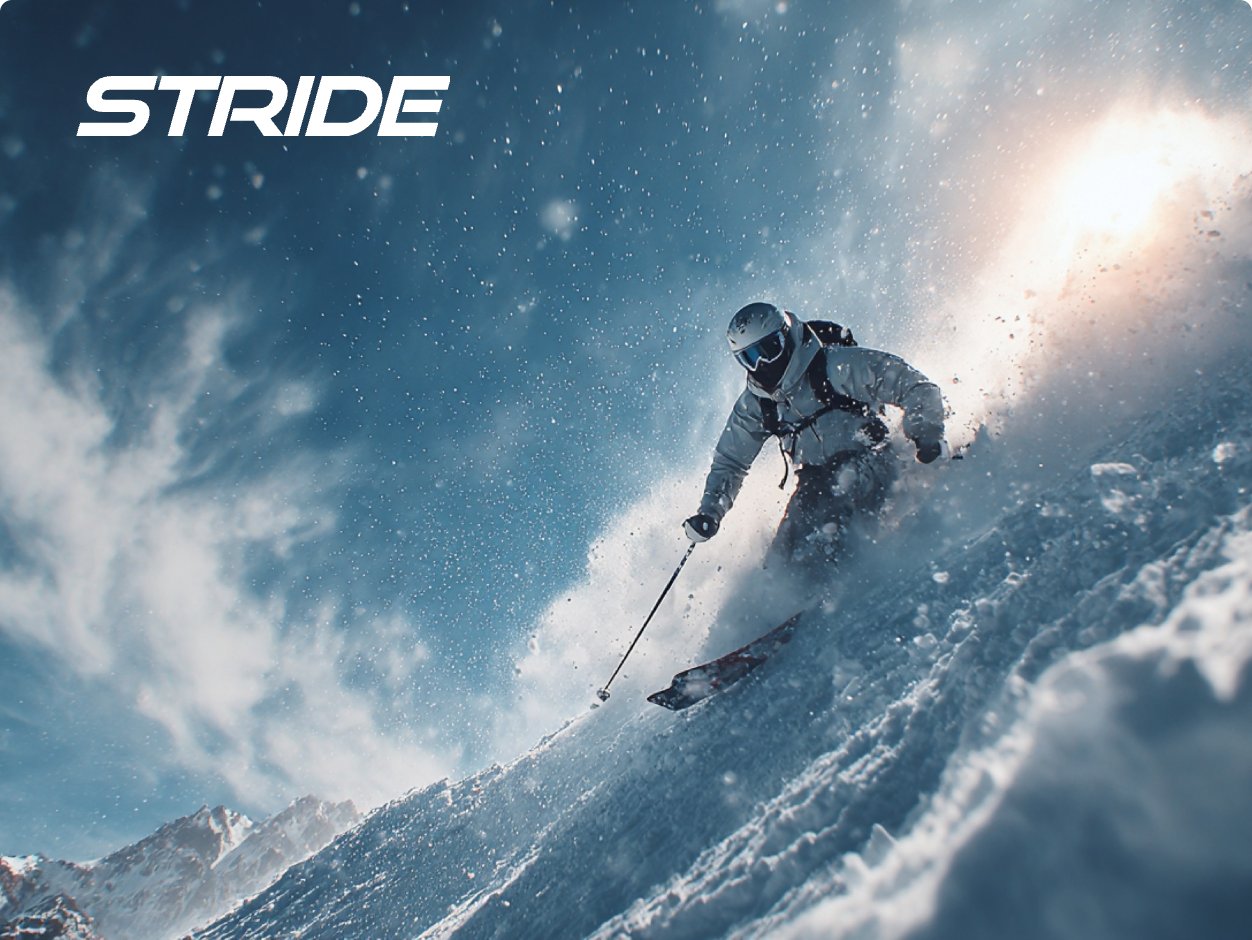 White wordmark in open sky above a skier
