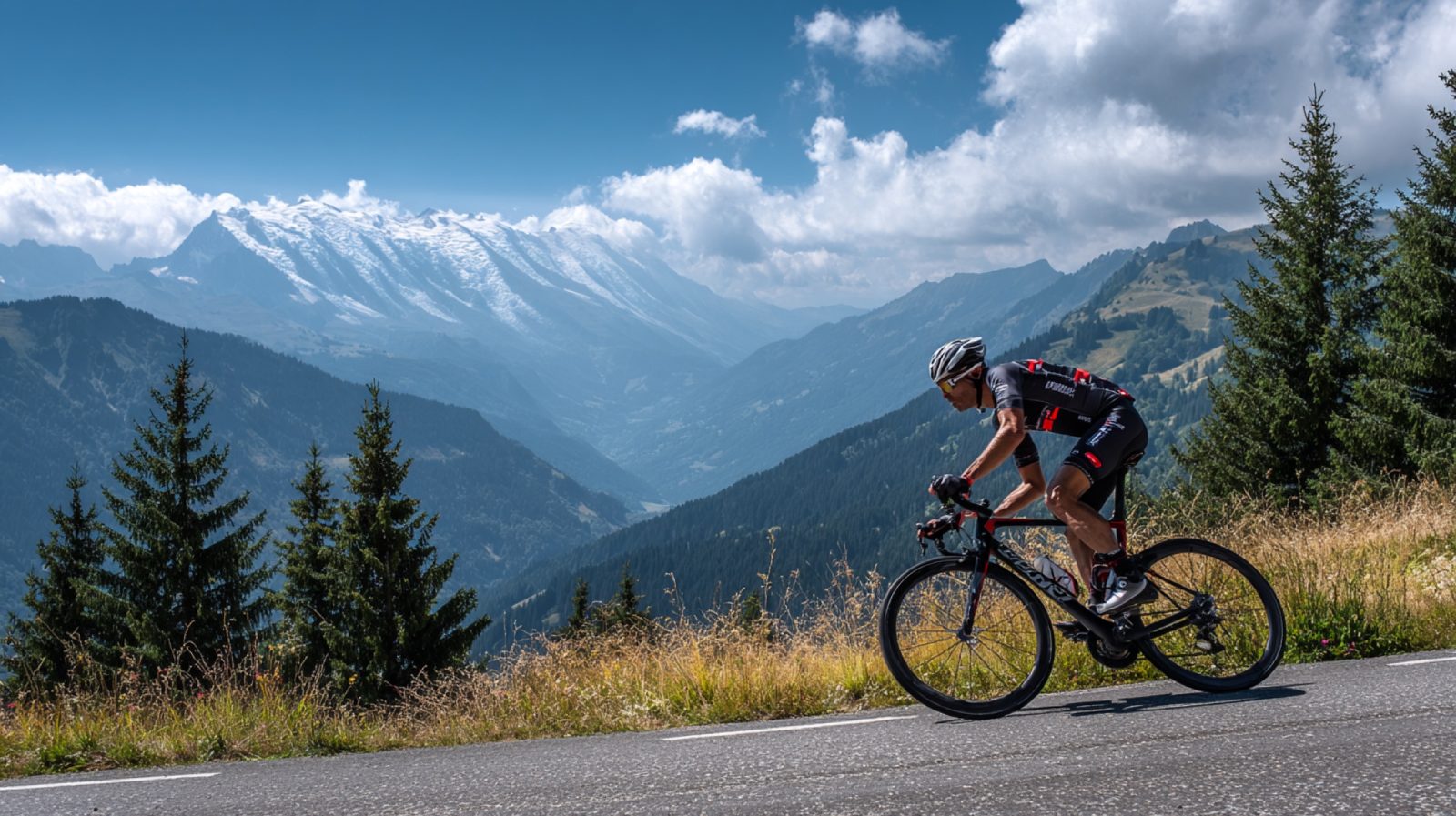 Cyclist climbing through a mountain landscape
