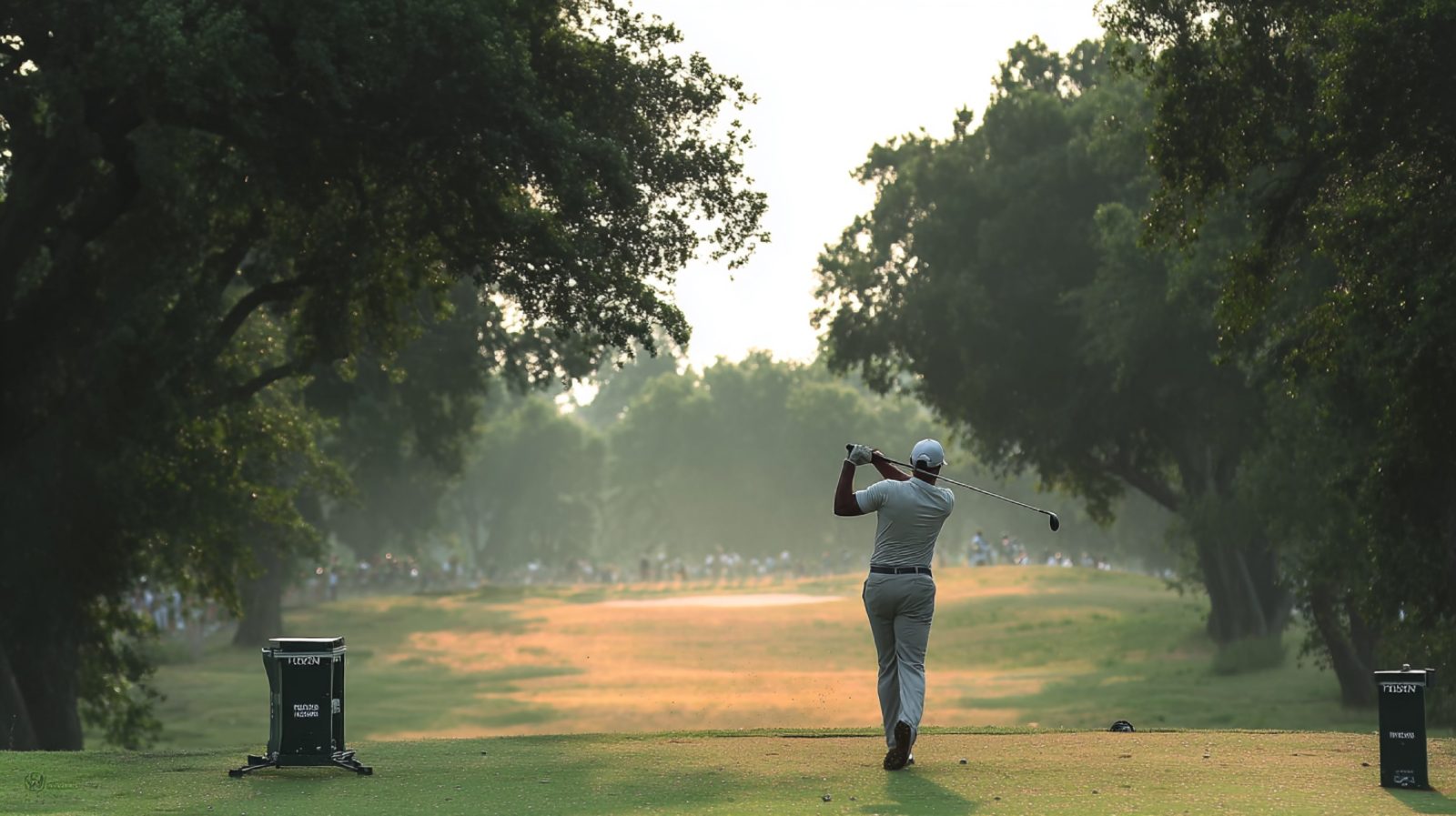 Golfer finishing a drive on a tree-lined fairway