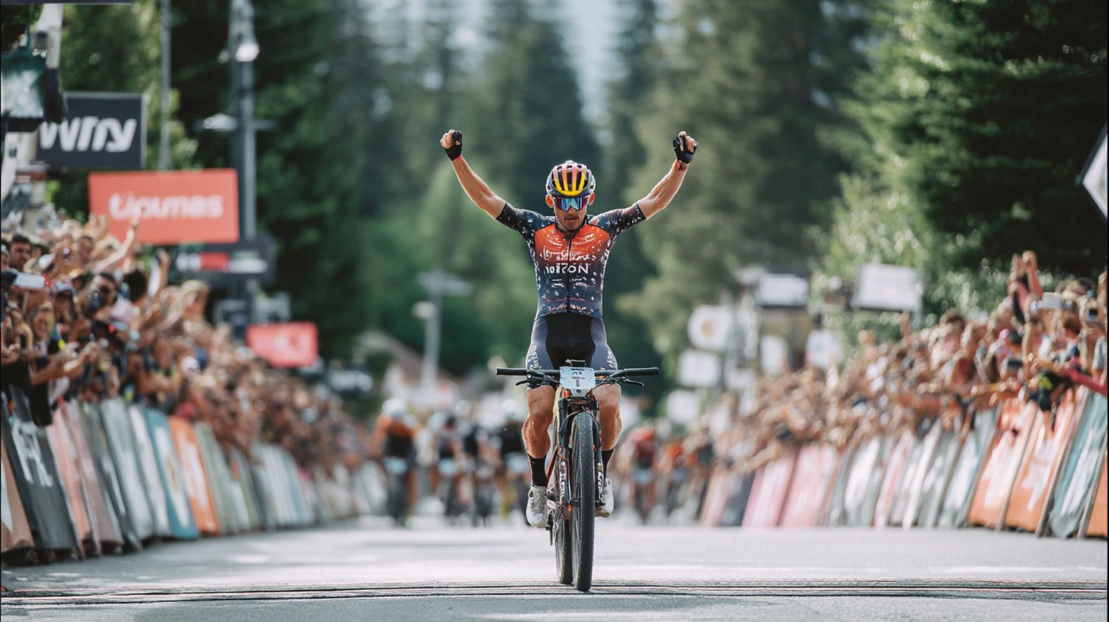 Cyclist celebrating a race win
